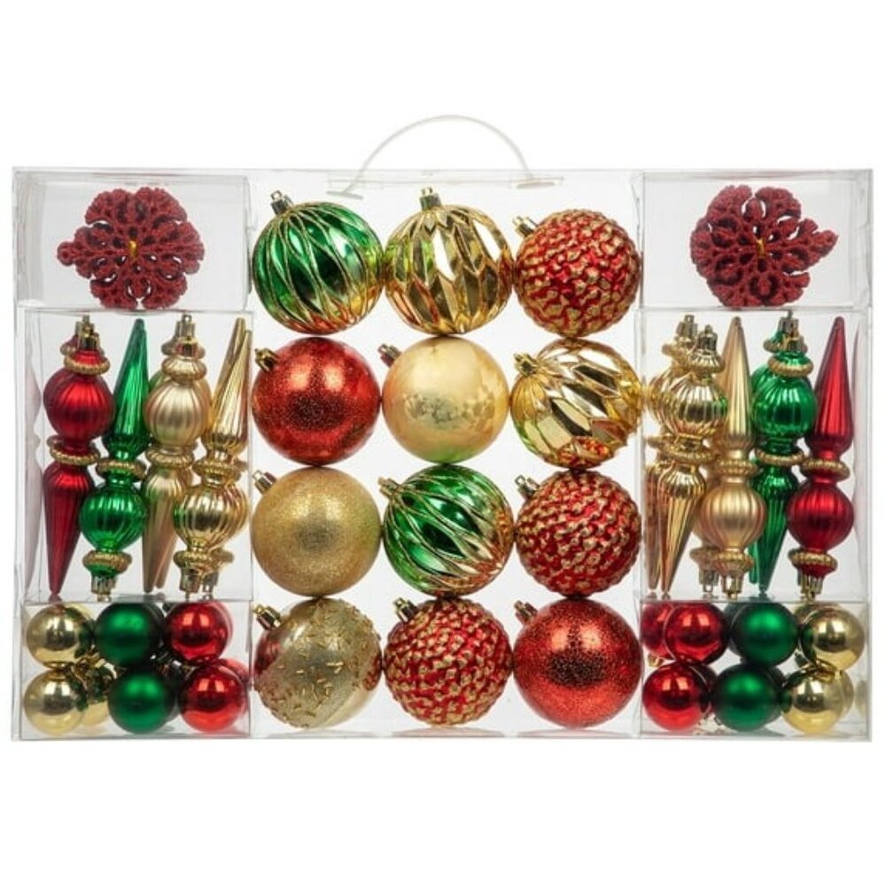 92 Piece Shatterproof Red Green Gold Christmas Ornament Set Tree Decoration Set